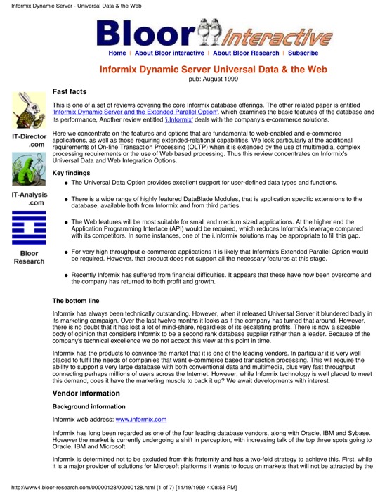 Cover for Informix Dynamic Server Universal Data & the Web